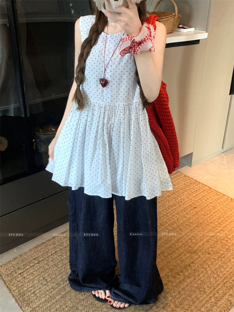 💕溫柔無袖印花蓬蓬背心襯衫