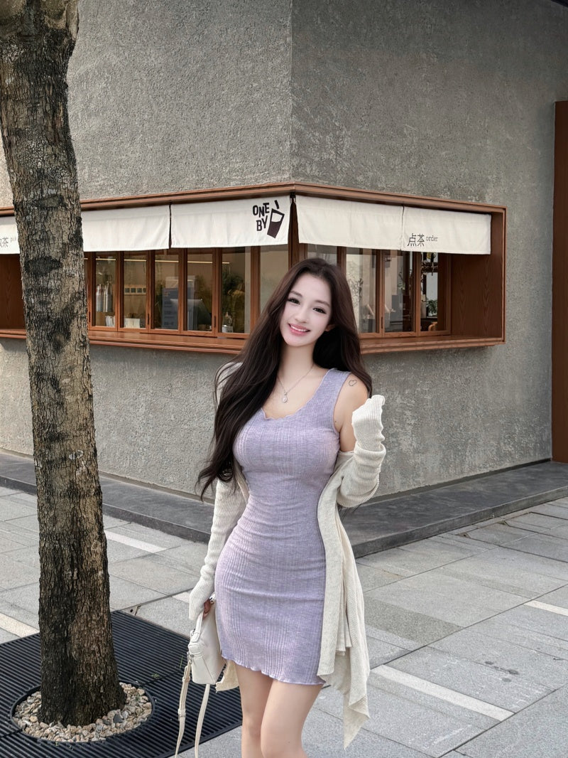 💕簡約百搭圓領吊帶收腰包臀連身裙+開衫