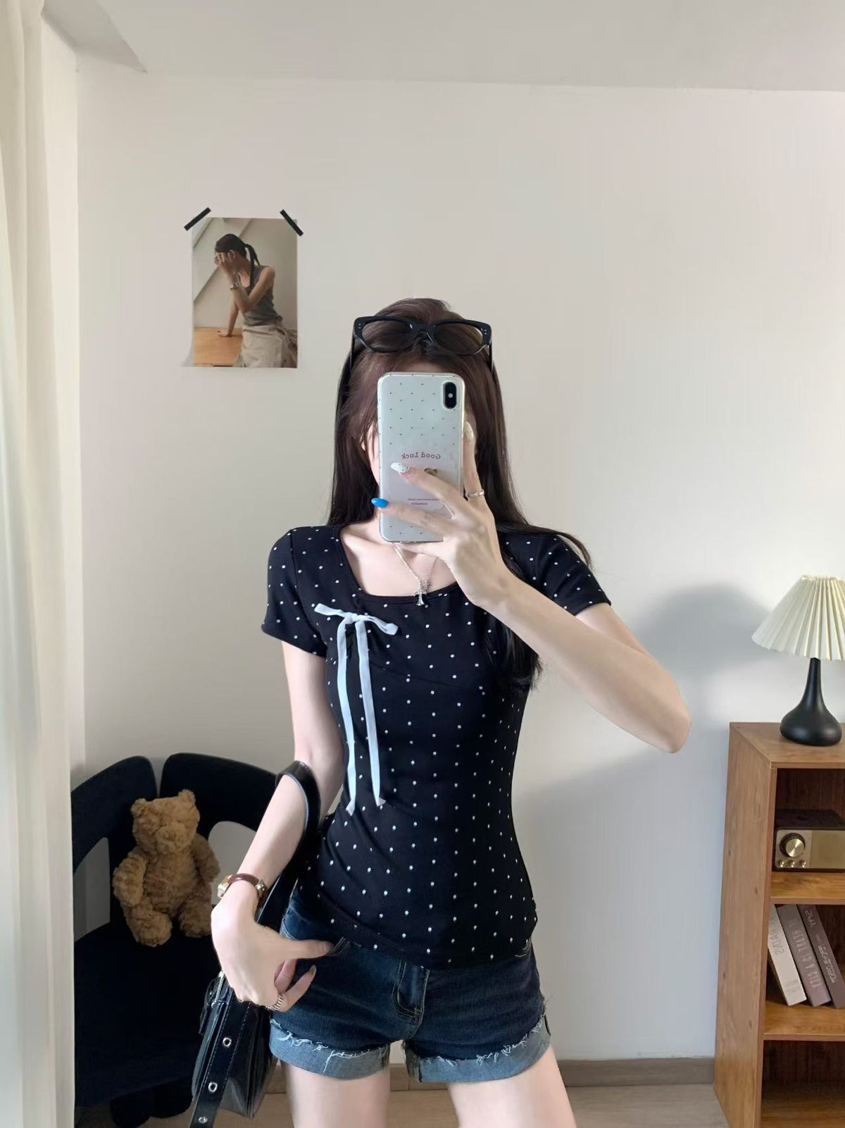 💕簡約百搭休閒帶胸墊蝴蝶結點點正肩上衣