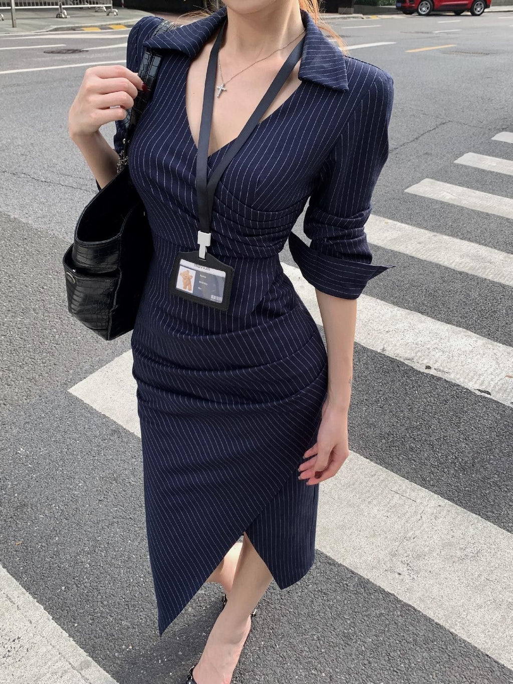 💕高級性感法式條紋V領長袖襯衫連衣裙
