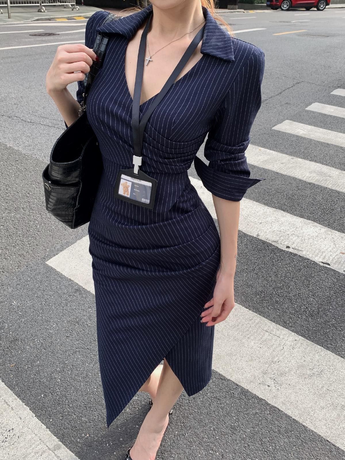 💕高級性感法式條紋V領長袖襯衫連衣裙