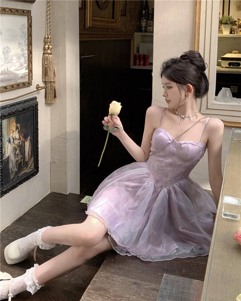 💕夏季多巴胺扎染泡泡袖公主澎澎裙