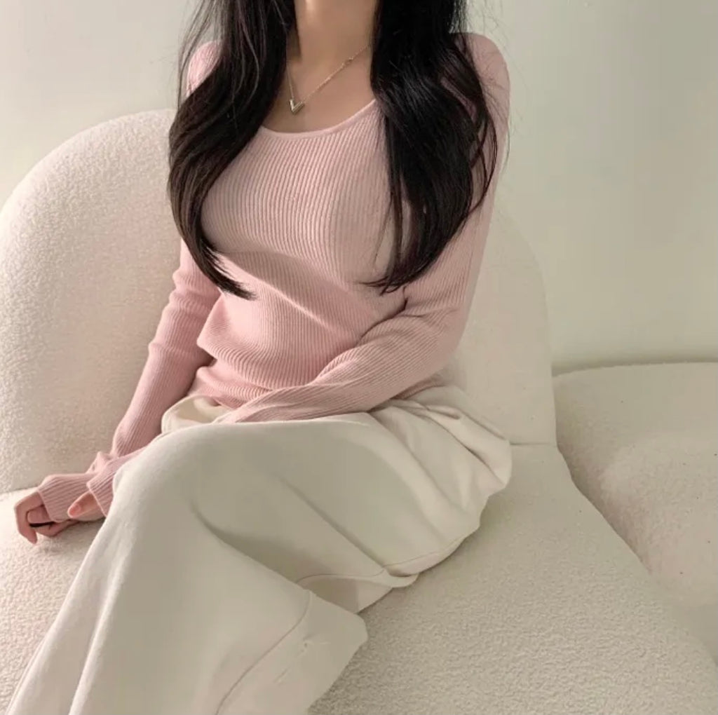 💕韓系chic長袖修身親膚針織打底百搭顯瘦上衣