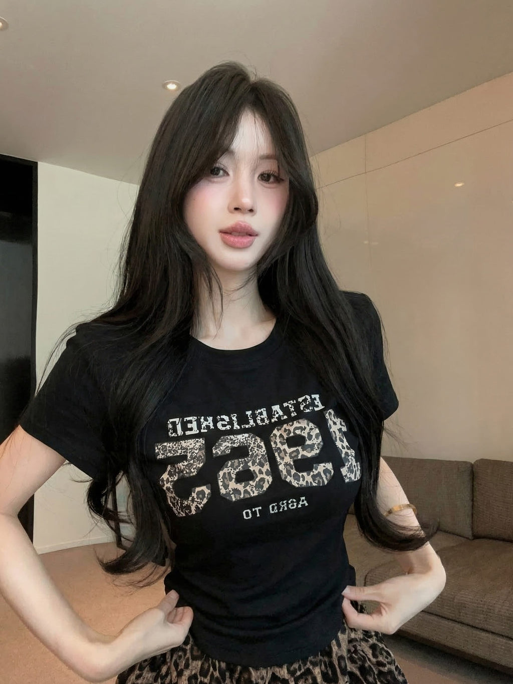 💕夏季豹紋印花圓領百搭短袖上衣