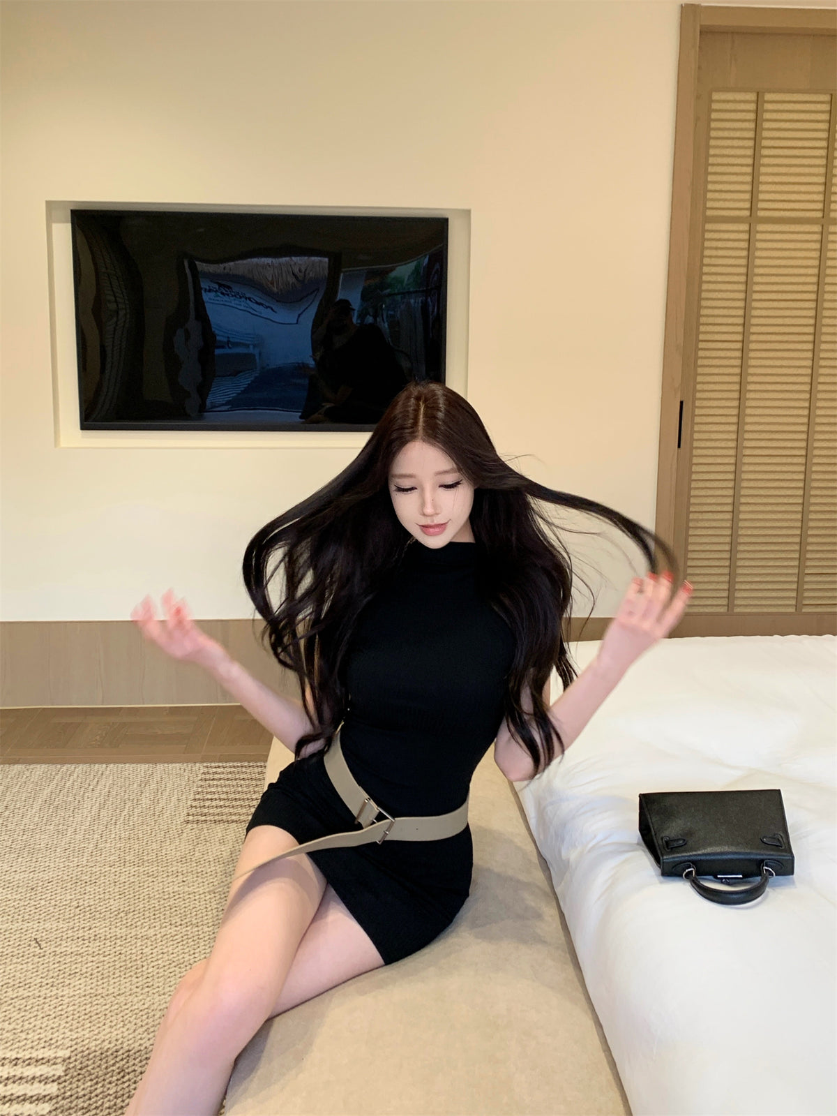 💕韓系法式高級感半高領短袖連衣裙