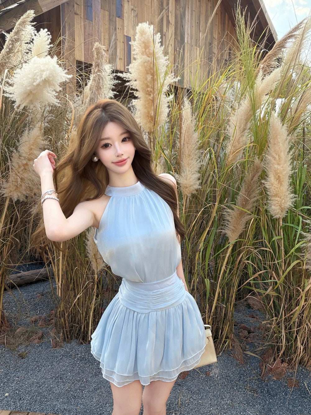 💕法式溫柔無袖掛脖連衣裙