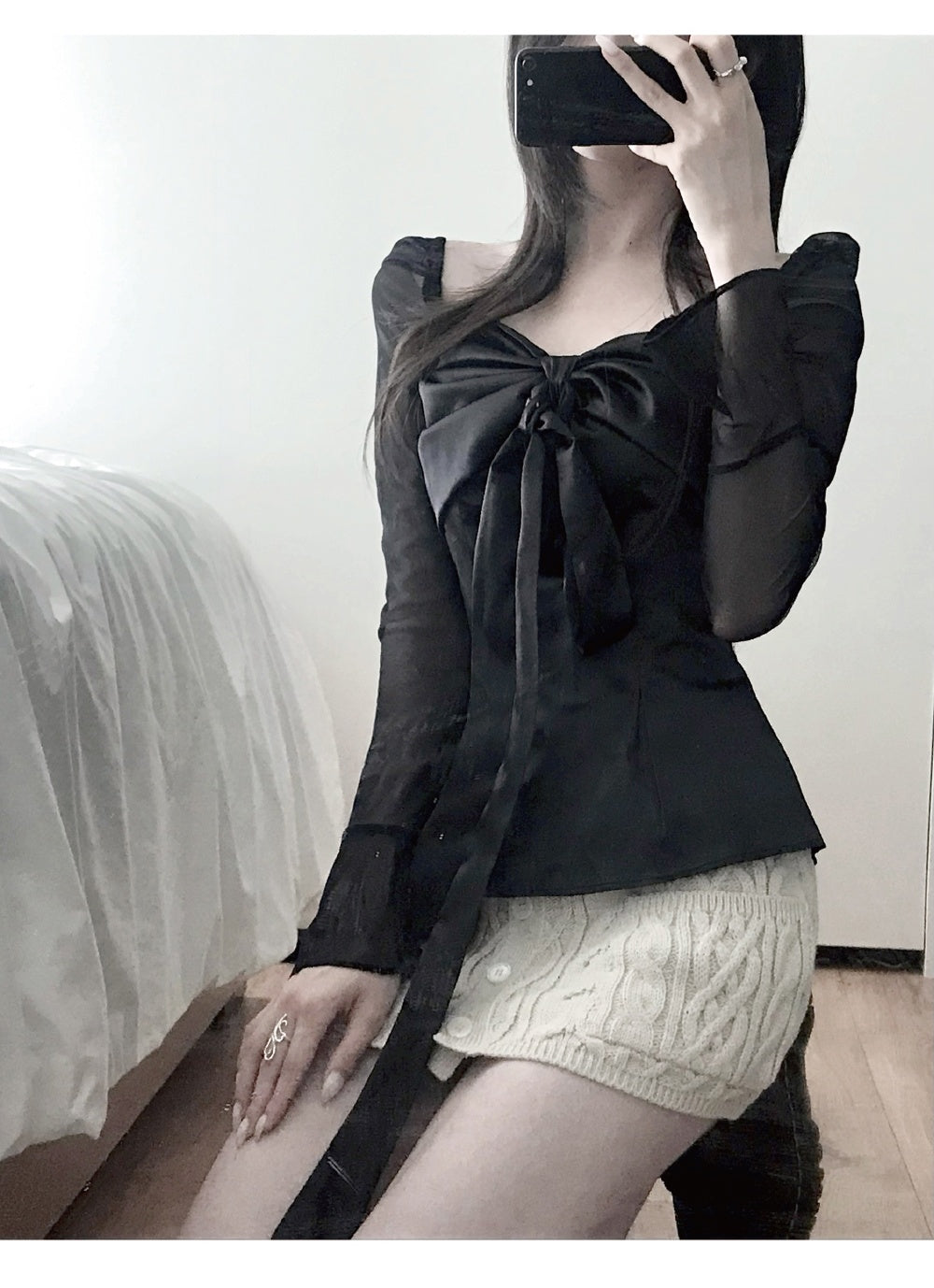 💕法式方領蝴蝶結飄帶氣質收腰顯瘦上衣