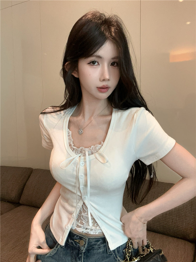💕高級感假兩件短袖拼接蕾絲上衣