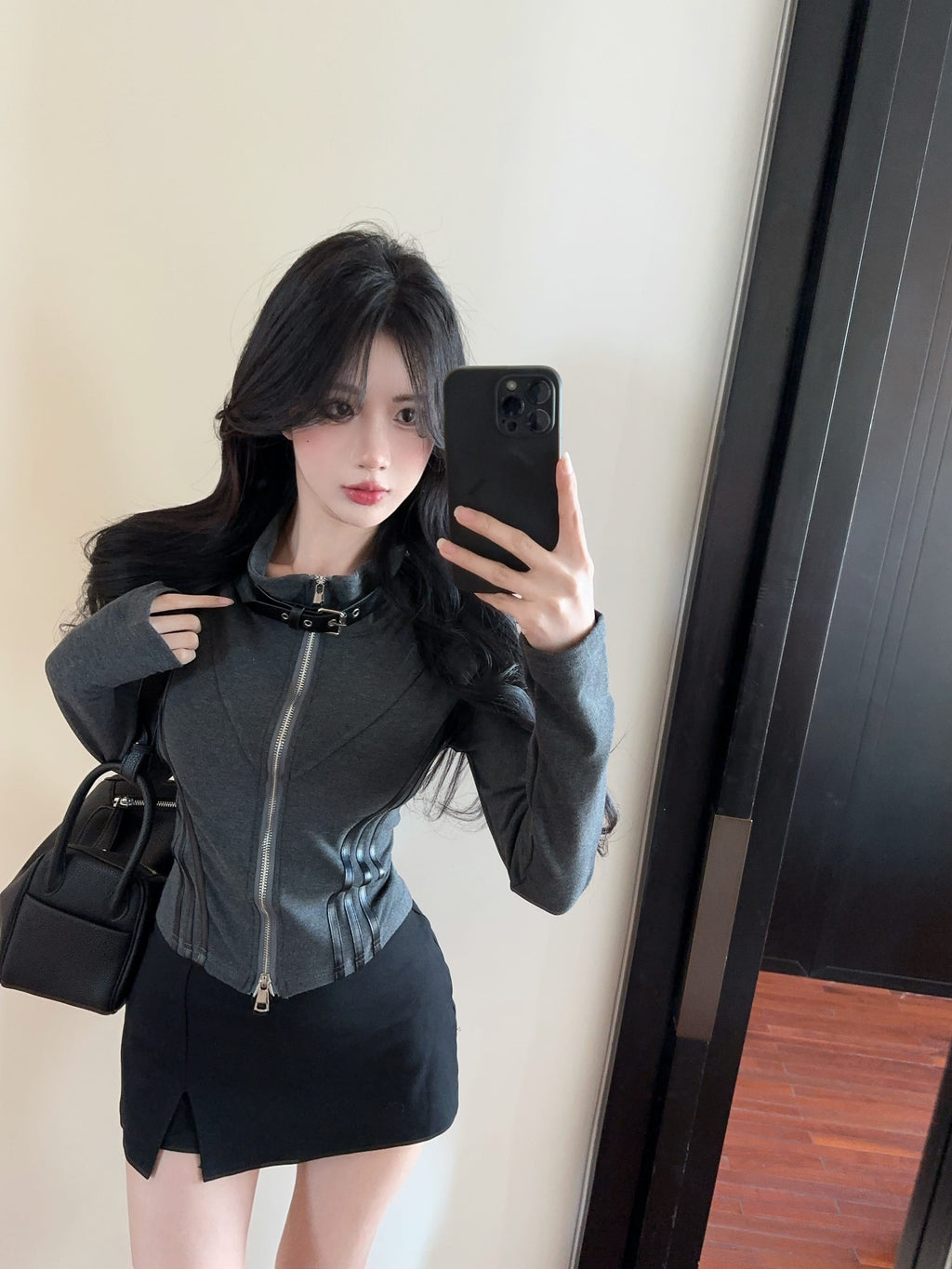 💕甜酷颯設計長袖翻領雙拉鍊顯瘦外套