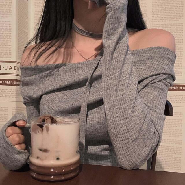 💕溫柔春秋純欲露肩+飄帶顯瘦法式上衣