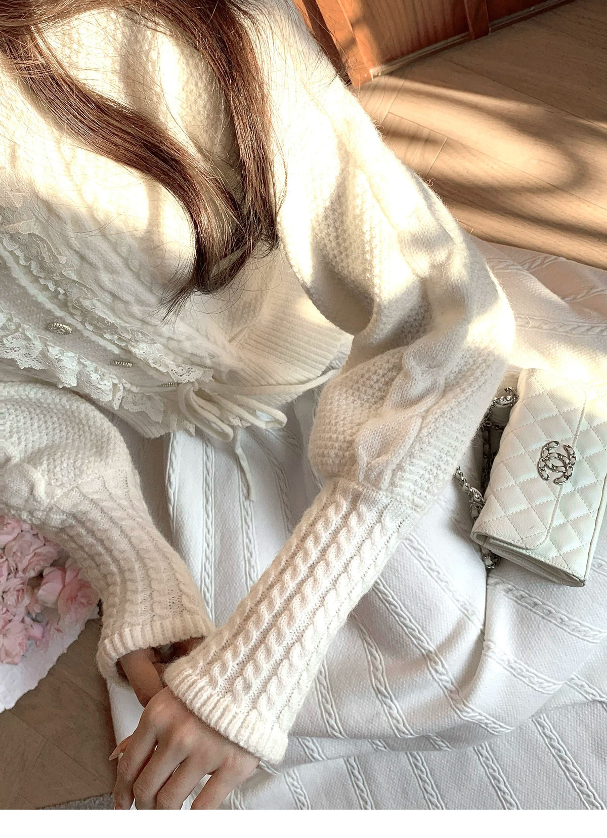 💕繁華勾花宮廷千金感花邊系帶毛衣外套