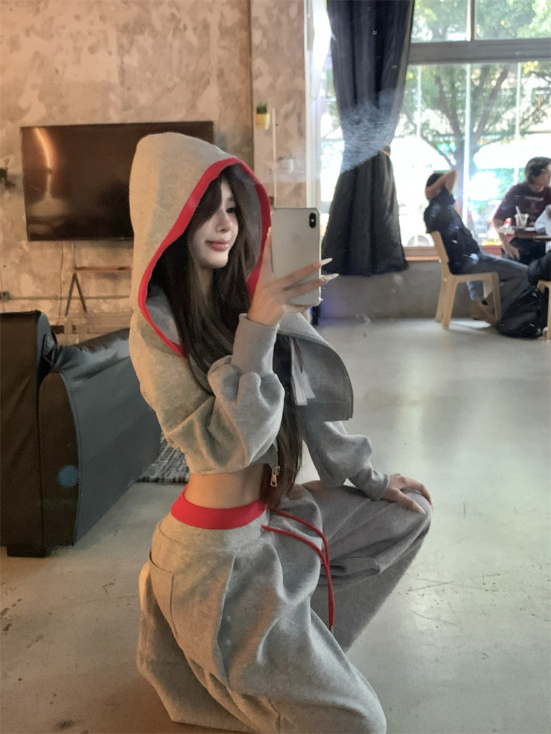 💕韓系個性設計感灰色長袖顯瘦休閒褲套裝