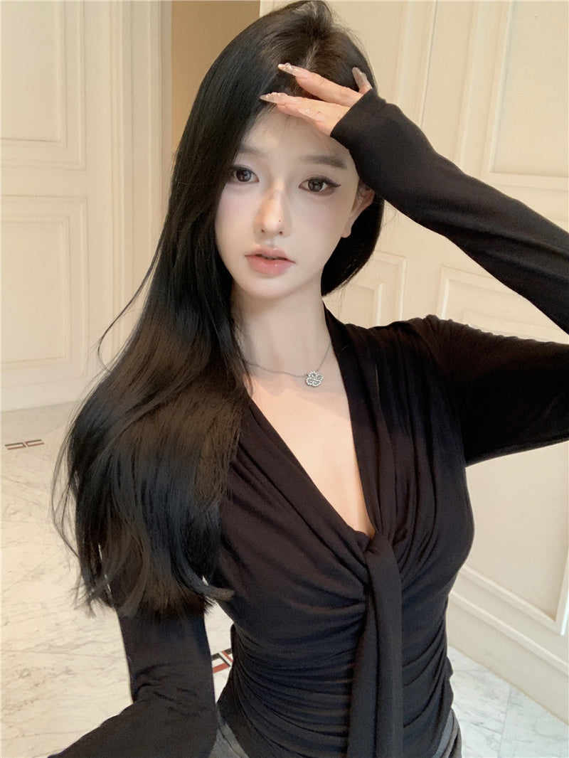 💕韓系設計感褶皺盪領飄帶長袖打底衣