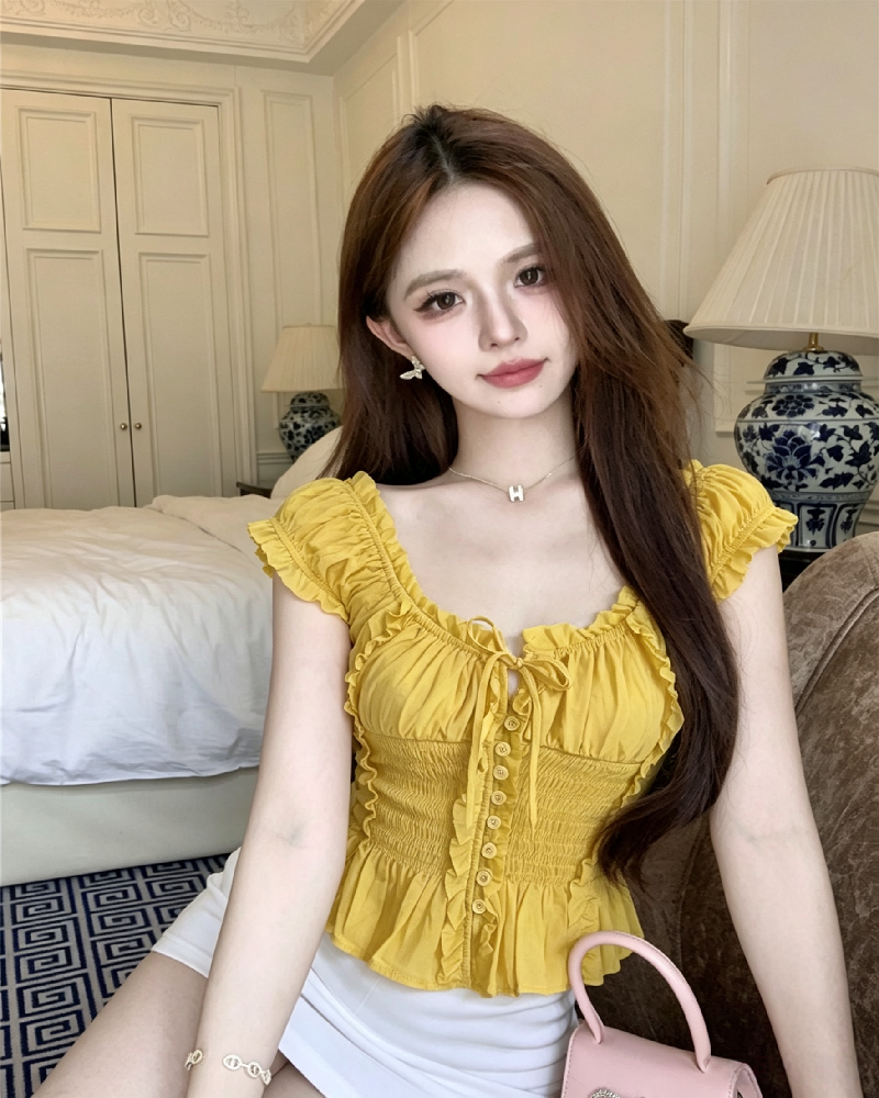 💕褶皺木耳邊一字肩襯衫法式上衣