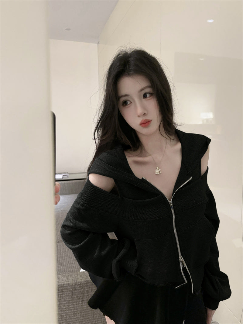 💕韓版個性露肩高檔連帽衛衣外套