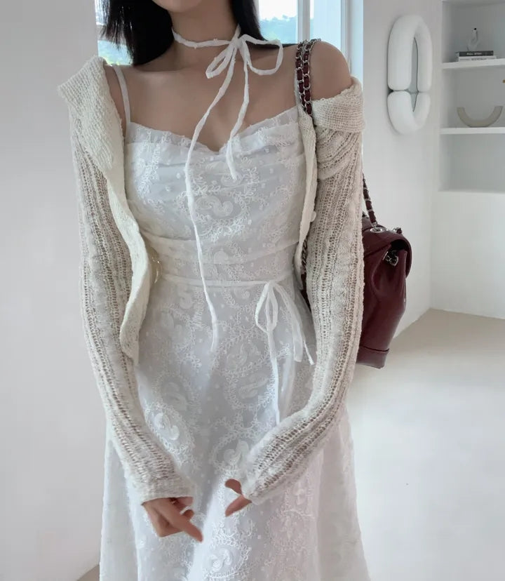 💕ihs系溫柔蕾絲性感露背鬆緊系帶收腰吊帶長裙