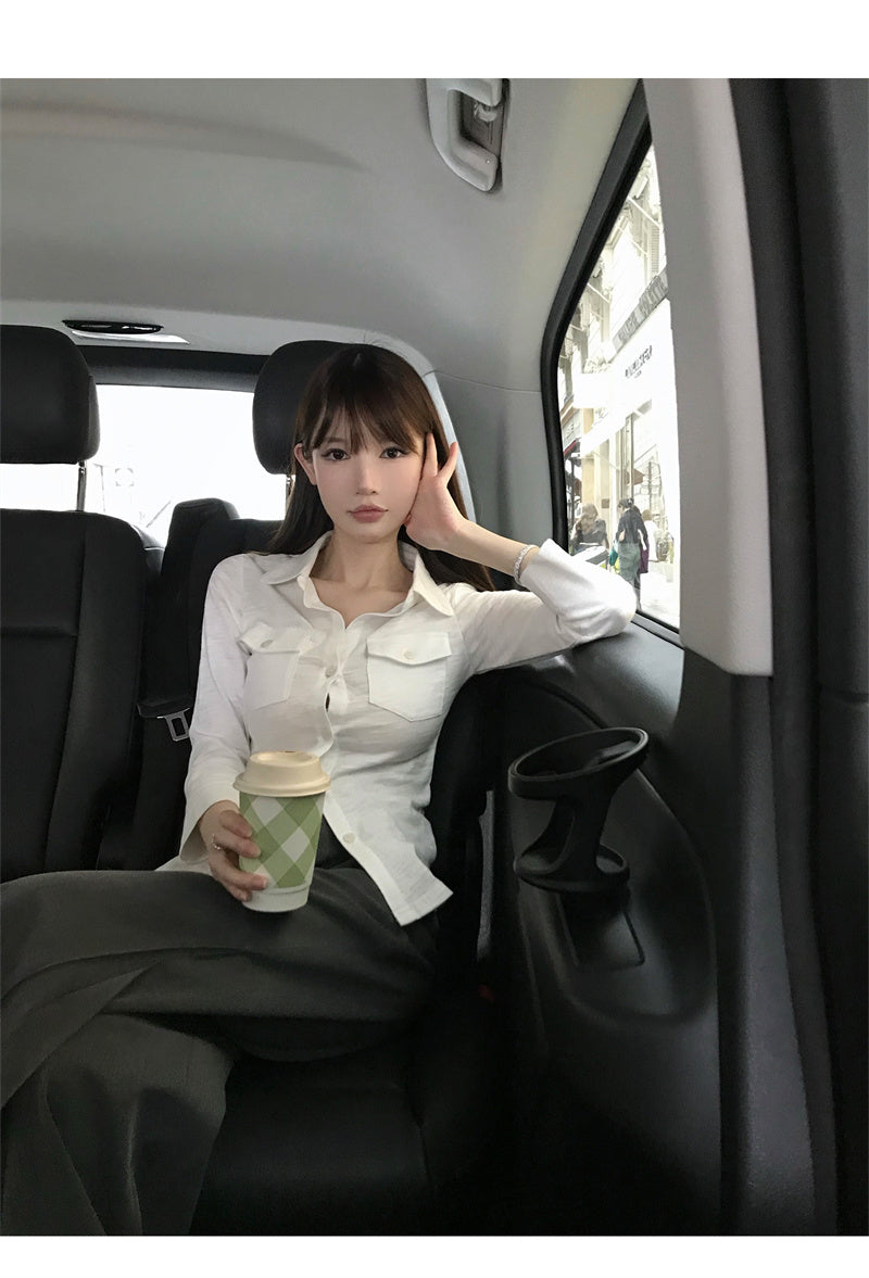 💕氣質翻領長袖收腰鈕扣襯衫
