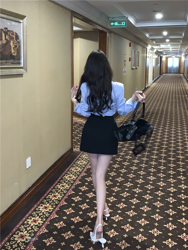 💕韓版秘書款收腰帶領襯衫兩件套