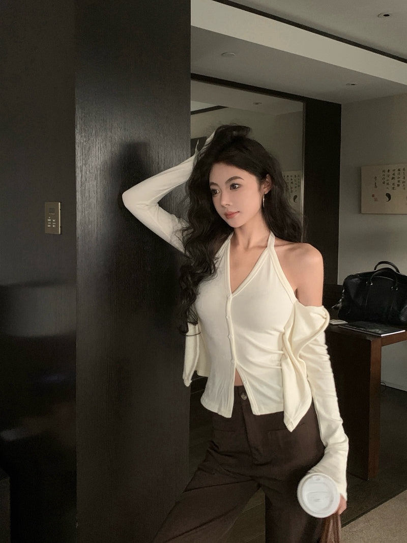 💕秋冬性感吊帶掛脖顯瘦假兩件打底上衣