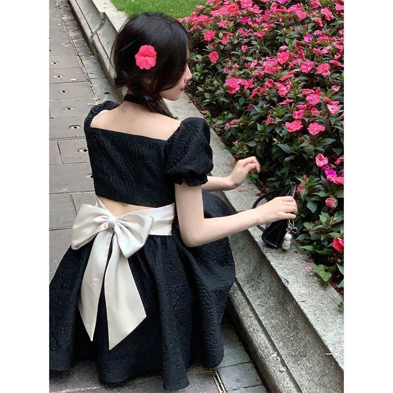 💕方領法式花邊露背蝴蝶結小個子澎澎短裙