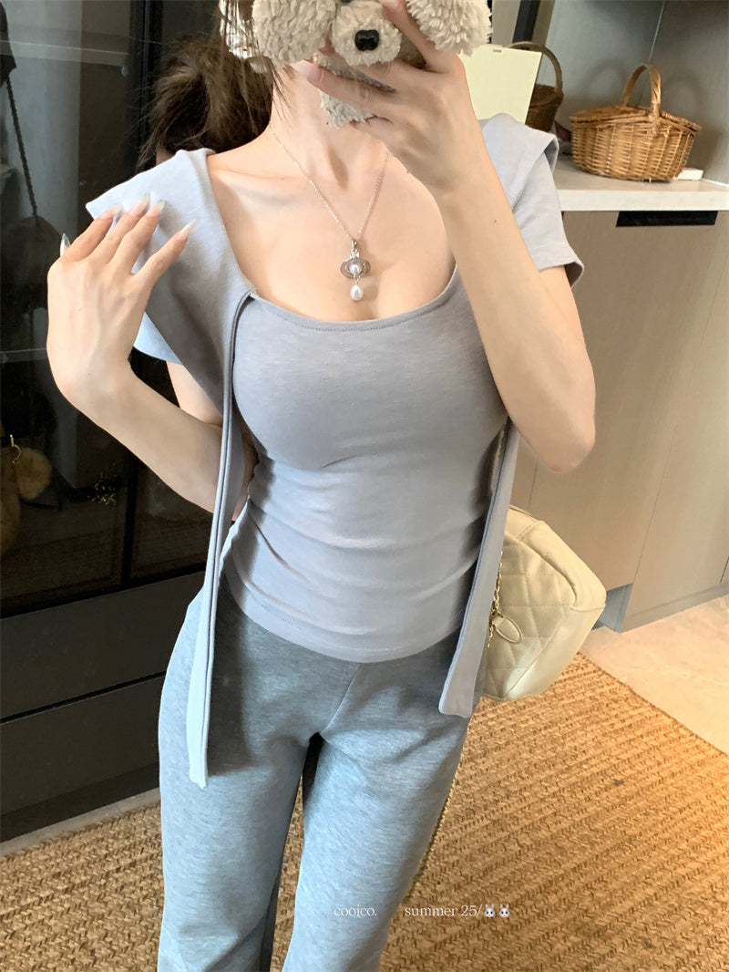 💕夏季綁帶方領短袖通勤百搭套裝