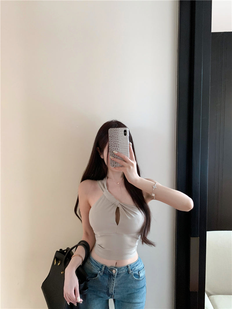 💕辣妹斜肩掛脖純色顯瘦上衣