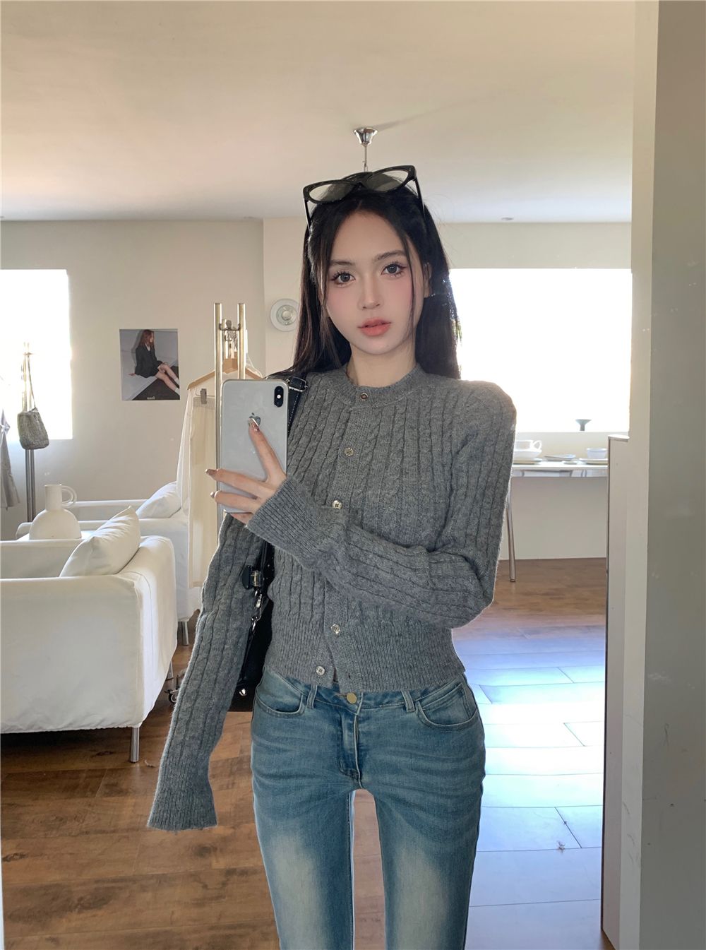 💕簡約休閒黑色短款麻花針織長袖上衣