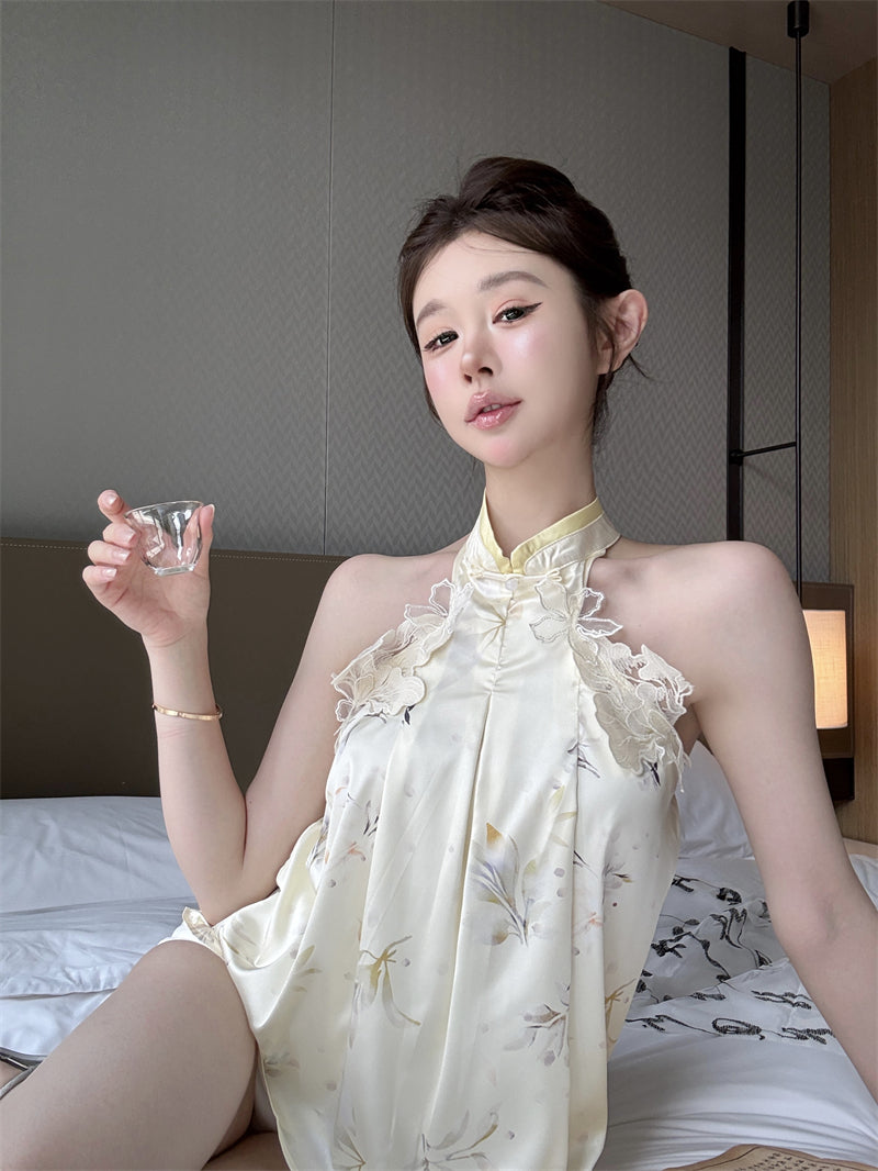 💕新中式千金立體花辮掛脖背心上衣