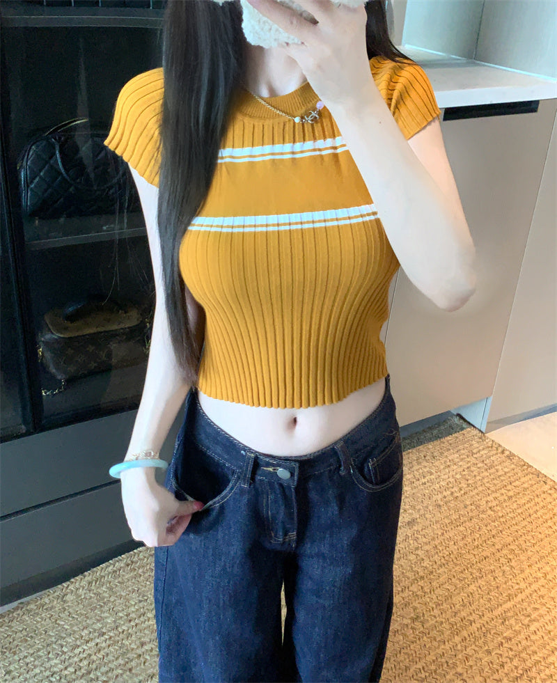 💕撞色條紋短袖針織圓領上衣
