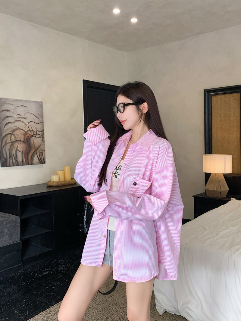 💕青春寬鬆百搭別緻彩色鈕扣條紋襯衫