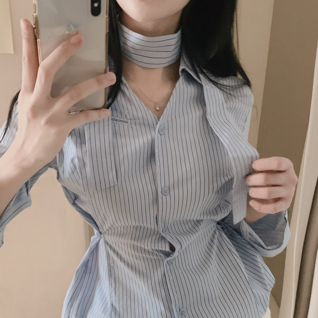 💕韓系小眾V領飄帶收腰百搭條紋上衣