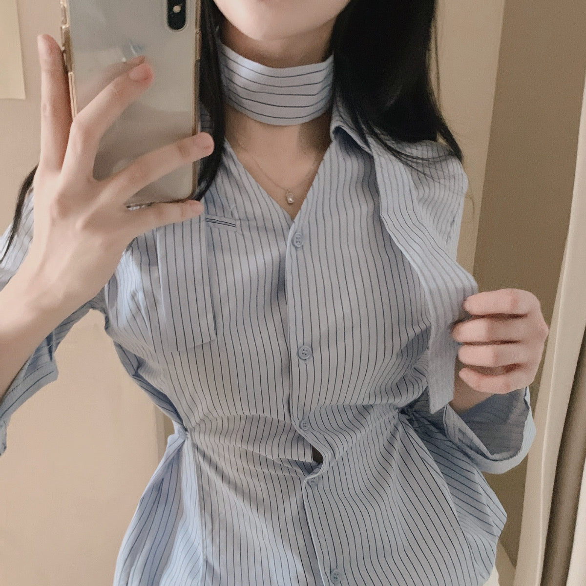 💕韓系小眾V領飄帶收腰百搭條紋上衣