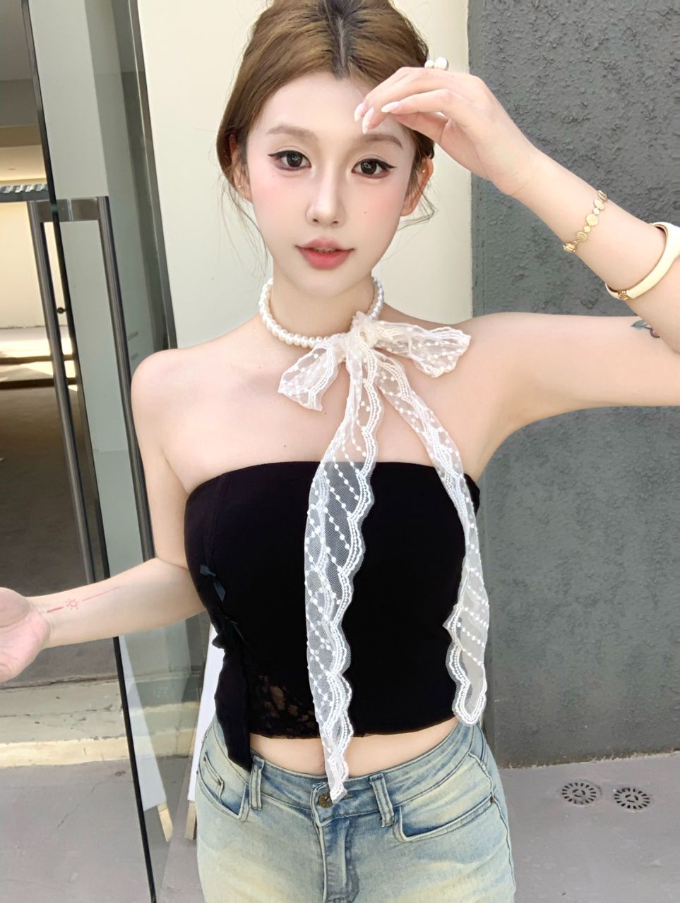 💕甜辣風珍珠鍊蕾絲拼接抹胸一字肩上衣