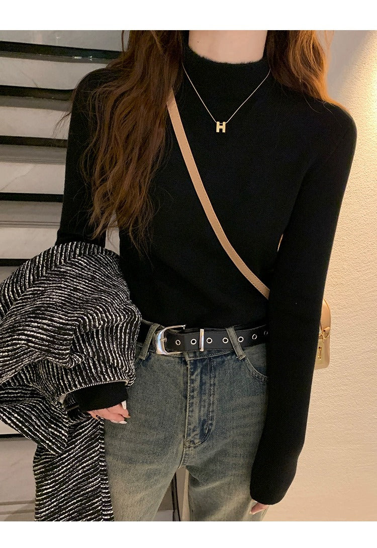 💕秋冬簡約內刷毛半高領別緻保暖上衣
