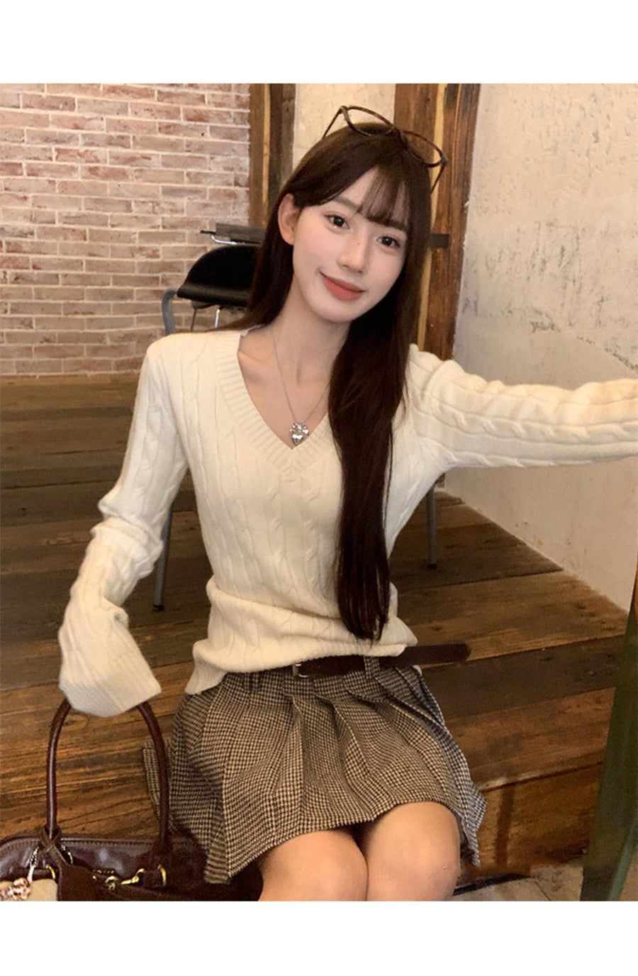 💕韓系慵懶風V領麻花加厚寬鬆毛衣