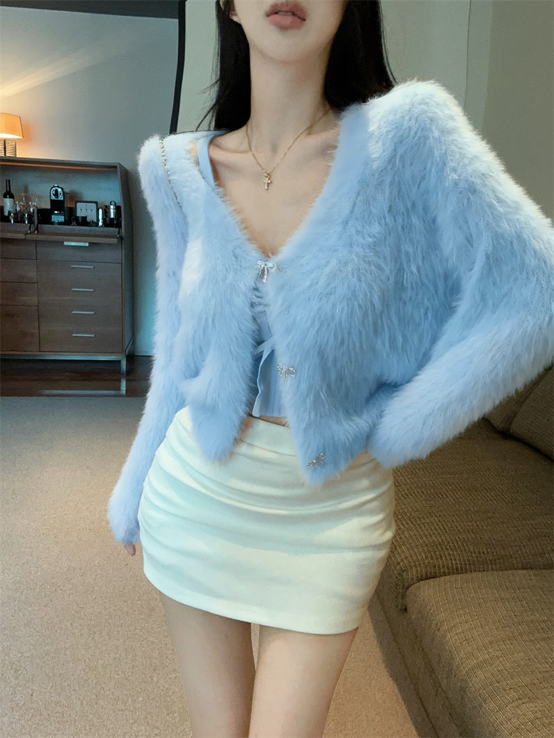 💕法式仿貂毛V領針織吊帶兩件套