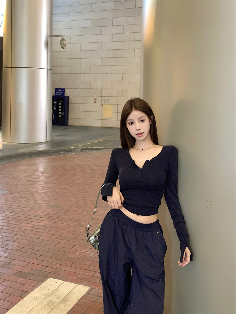 💕秋冬辣妹半高U領修身褶皺短磨毛內搭打底上衣
