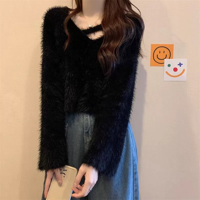 💕秋冬慵懶軟糯水貂毛短款上衣