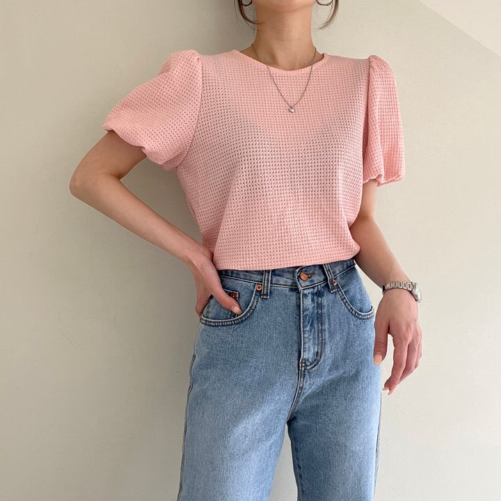 💕韓系溫柔華夫格鏤空圓領泡泡袖上衣