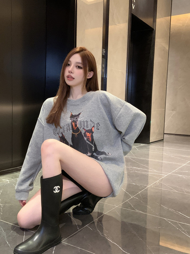 💕美式帥氣杜賓犬印花寬鬆中長衛衣