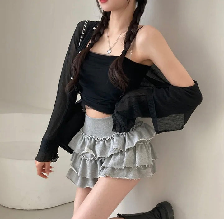 💕春夏防曬長袖雪紡開衫+網紗拼接針織吊帶