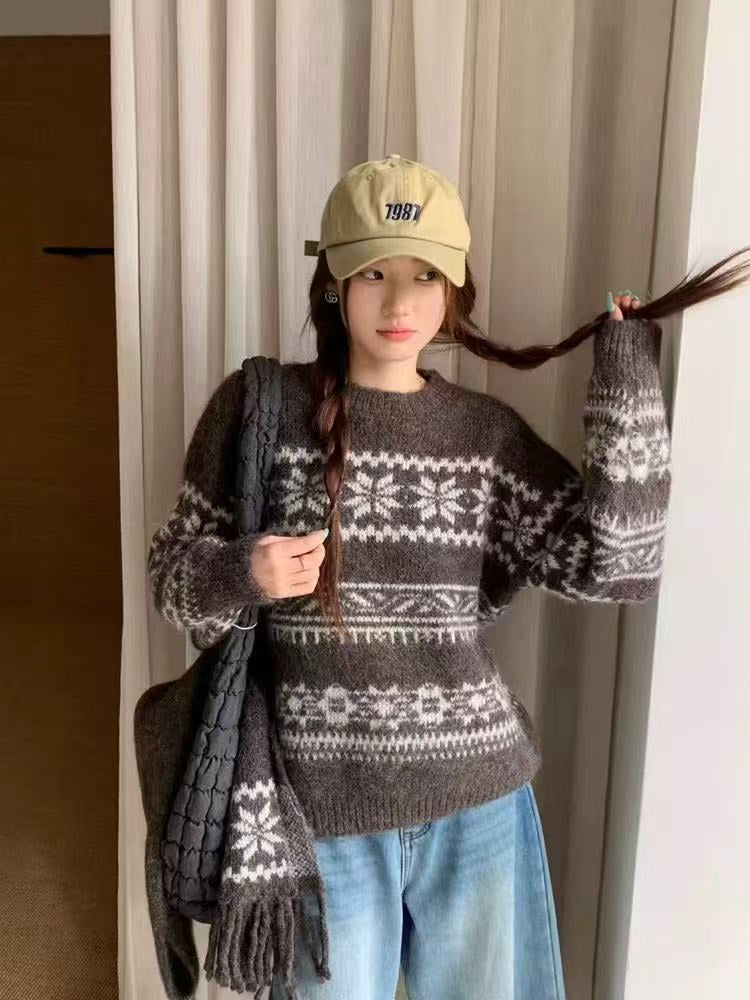 💕韓系圓領復古緹花拚色軟糯針織帶圍巾打底毛衣