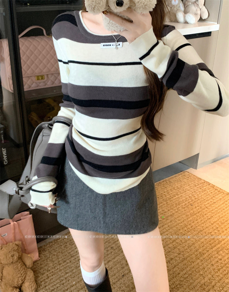 💕簡約休閒不規則條紋針織打底上衣
