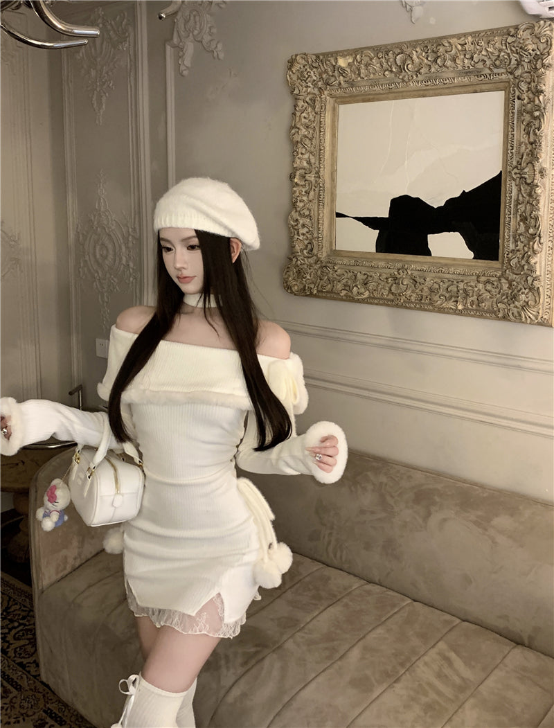 💕法式秋冬聖誕氣息掛脖毛邊包臀短裙
