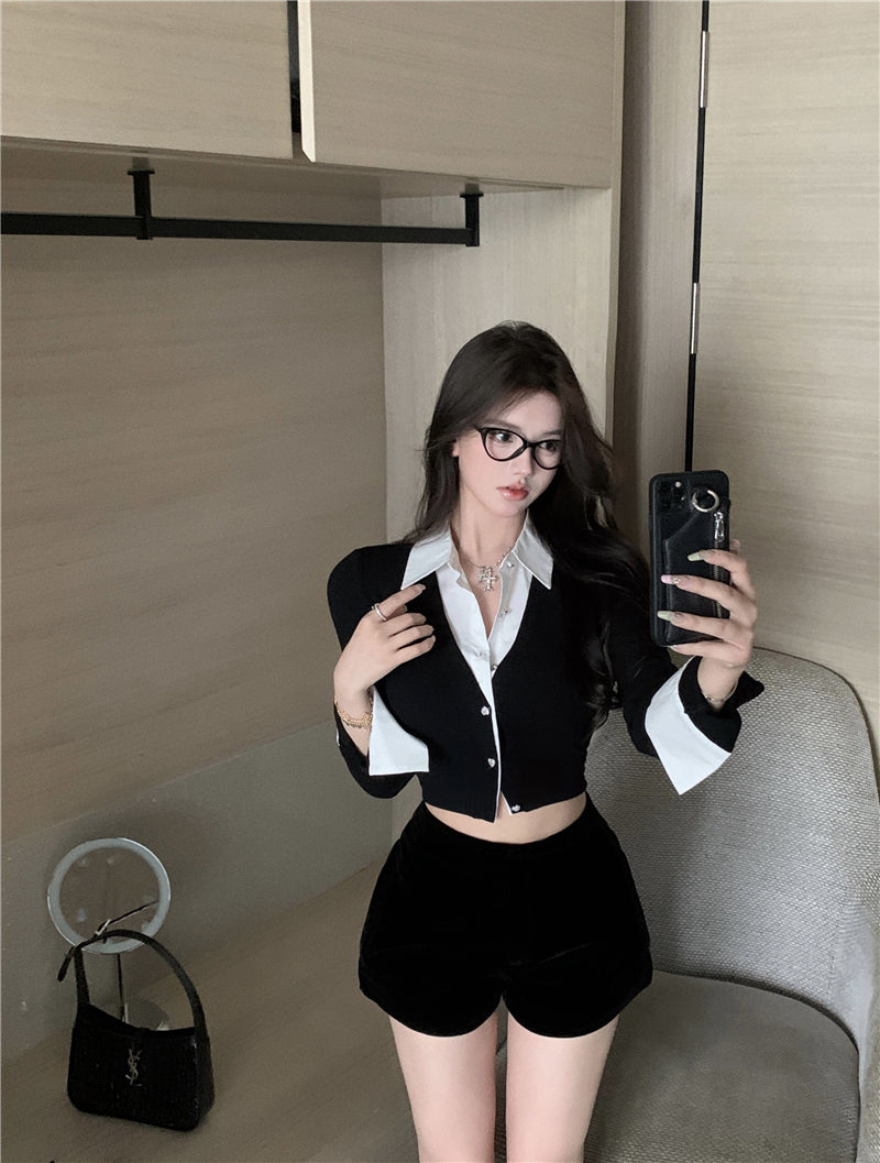 💕純御辣妹修身短款黑色假兩件長袖襯衫
