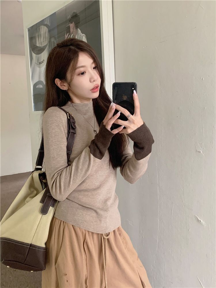 💕通勤百搭撞色長袖針織修身打底上衣