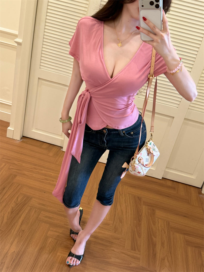 💕氣質優雅交叉V領綁帶T袖上衣