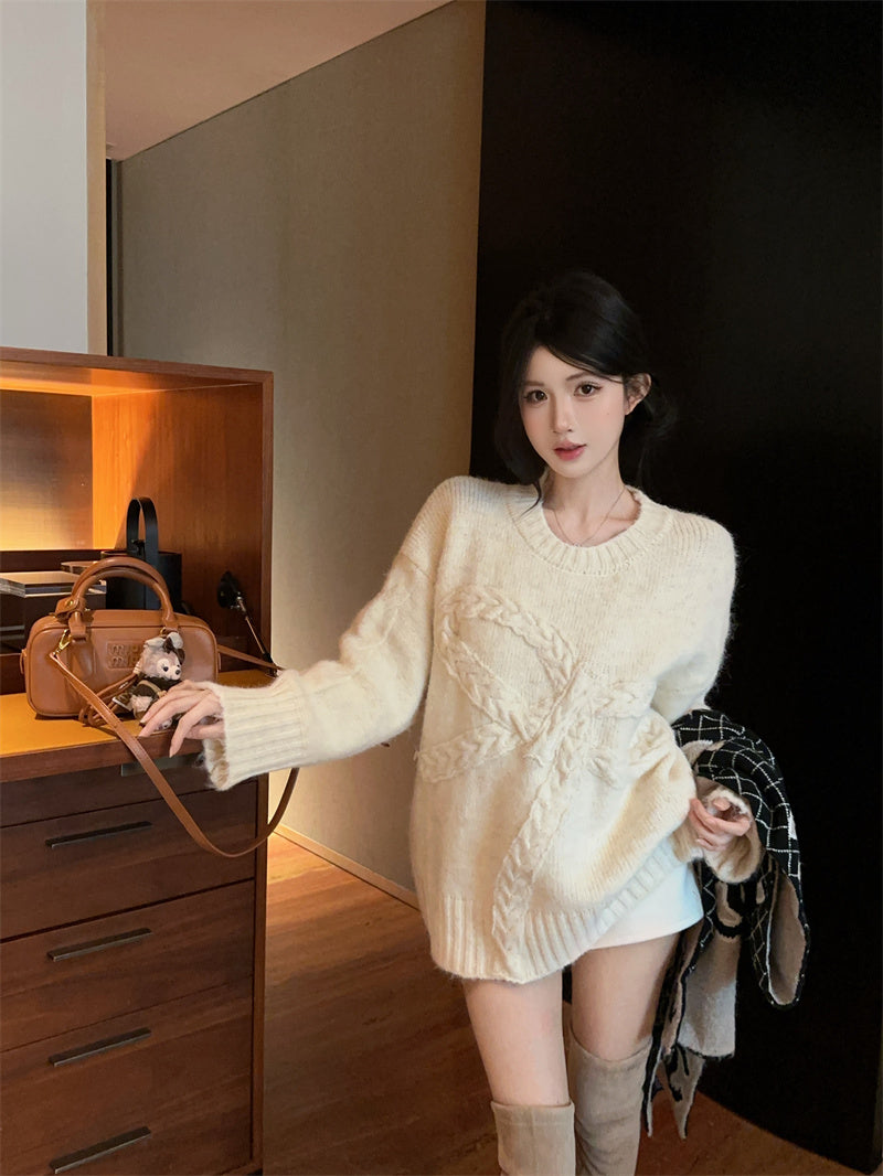 💕復古慵懶高級感軟糯蝴蝶結圓領上衣