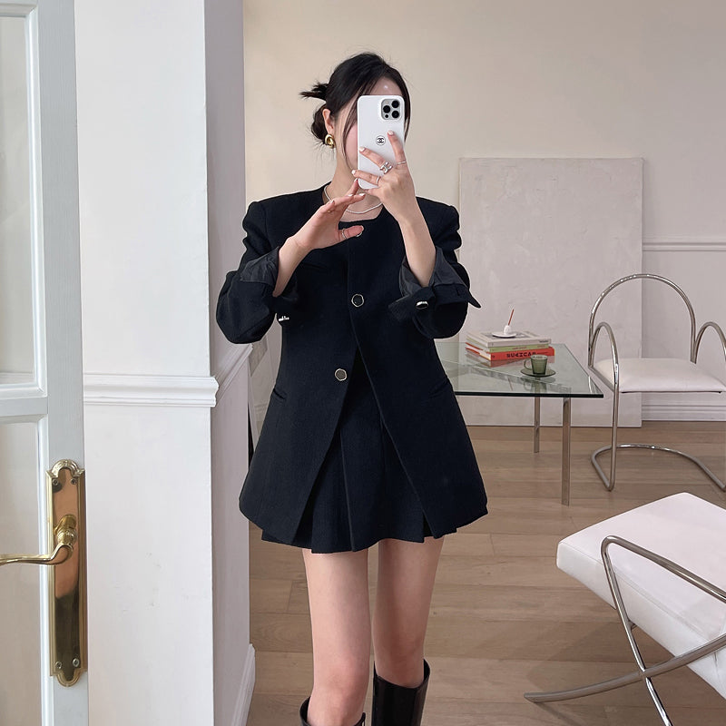 💕法式氣質單排釦小香風外套搭百褶短裙