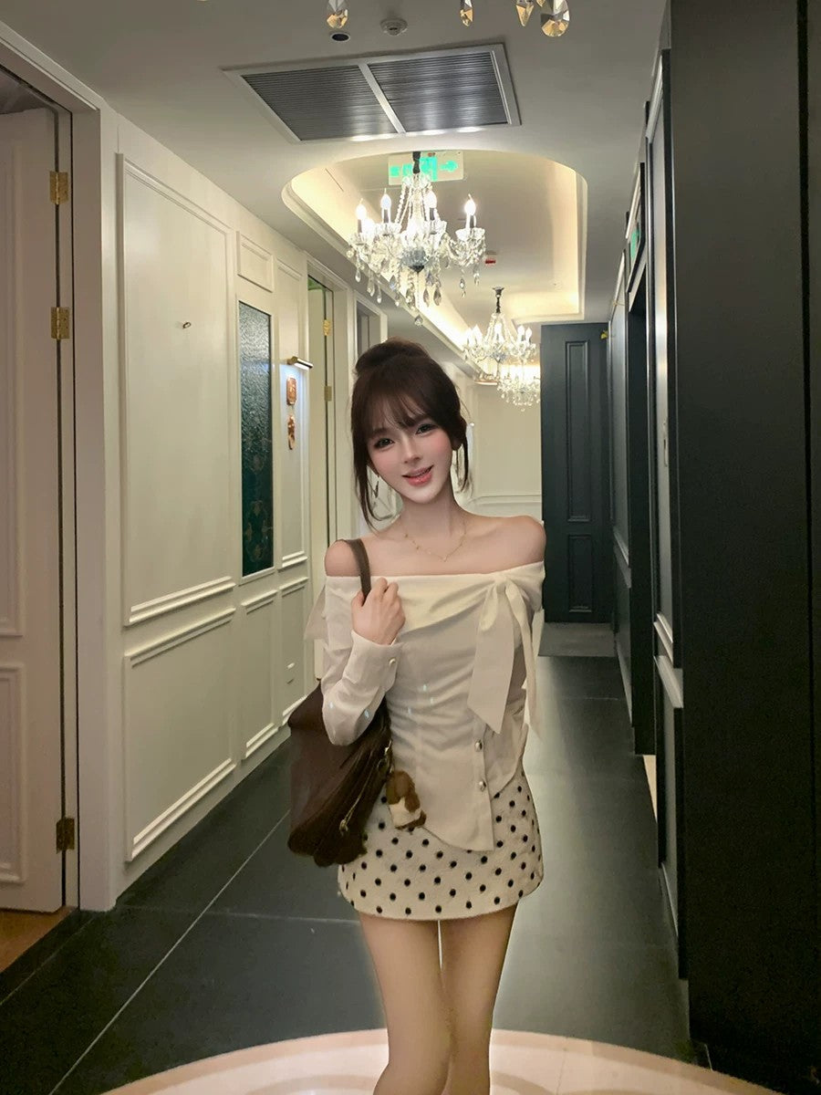 💕chic韓系一字領不規則上衣點點短裙套裝